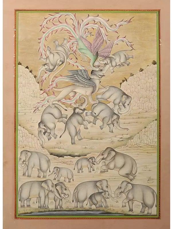 exotic india Mythical Beast with A Herd of Elephants 