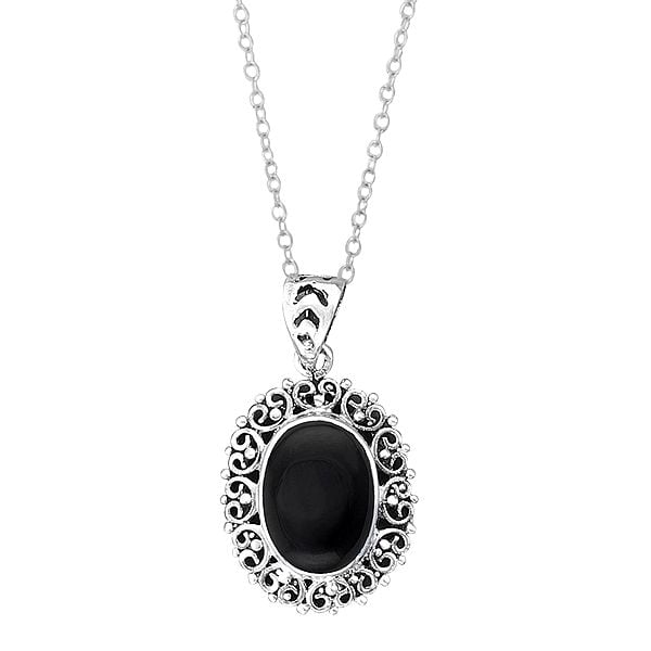 Exotic India Natural Black Sterling Silver Pendant With Gemstone