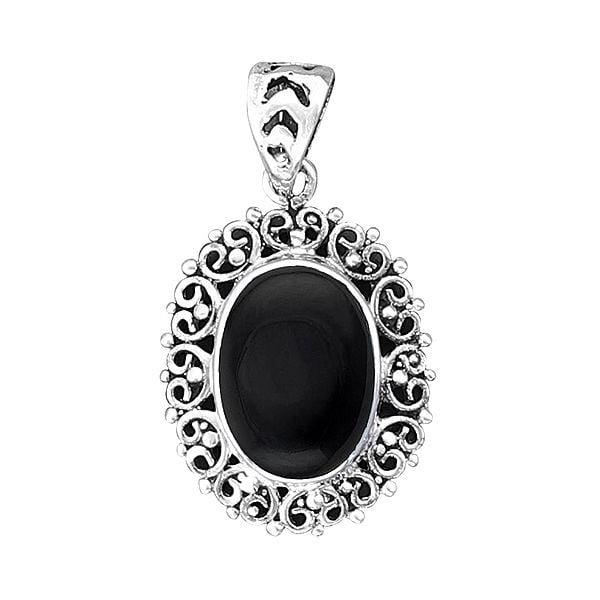 exotic india Natural Black Sterling Silver Pendant with Gemstone