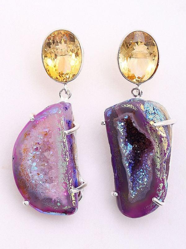 Exotic India Natural Citrine And Purple Druzy Gemstone Dangle Earrings