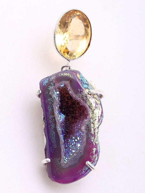 Exotic India Natural Citrine And Purple Druzy Gemstone Dangle Earrings