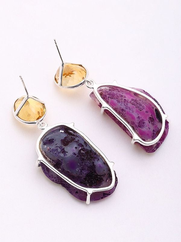 Exotic India Natural Citrine And Purple Druzy Gemstone Dangle Earrings