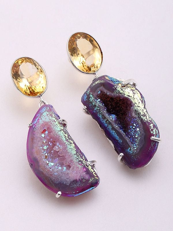 exotic india Natural Citrine and Purple Druzy Gemstone Dangle Earrings 