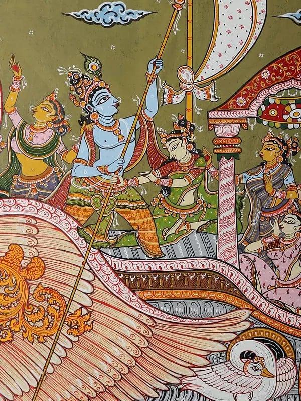 Exotic India "Nauka Vihar" - Lord Krishna With Gopis On Boat | Pattachitra Painting From Odisha