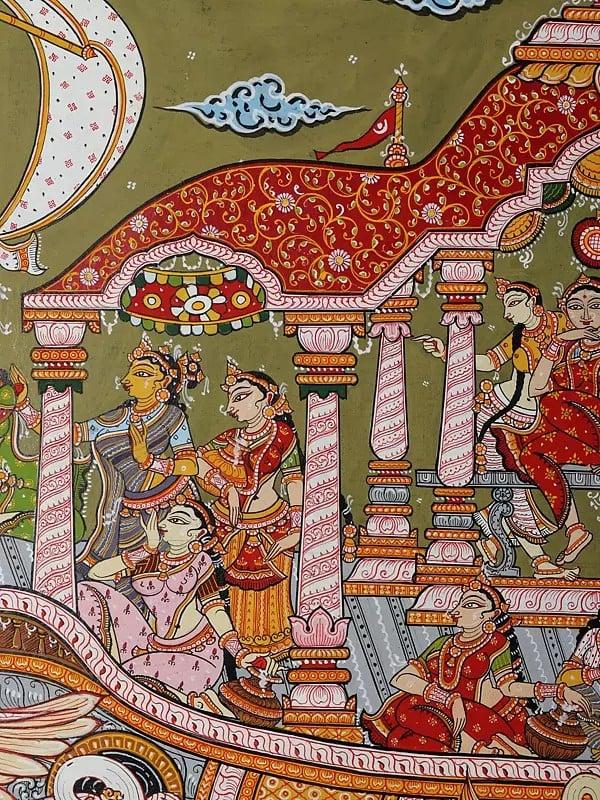 Exotic India "Nauka Vihar" - Lord Krishna With Gopis On Boat | Pattachitra Painting From Odisha