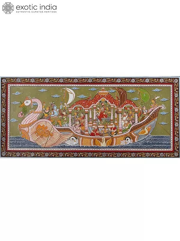 exotic india "Nauka Vihar" - Lord Krishna with Gopis on Boat | Pattachitra Painting From Odisha 