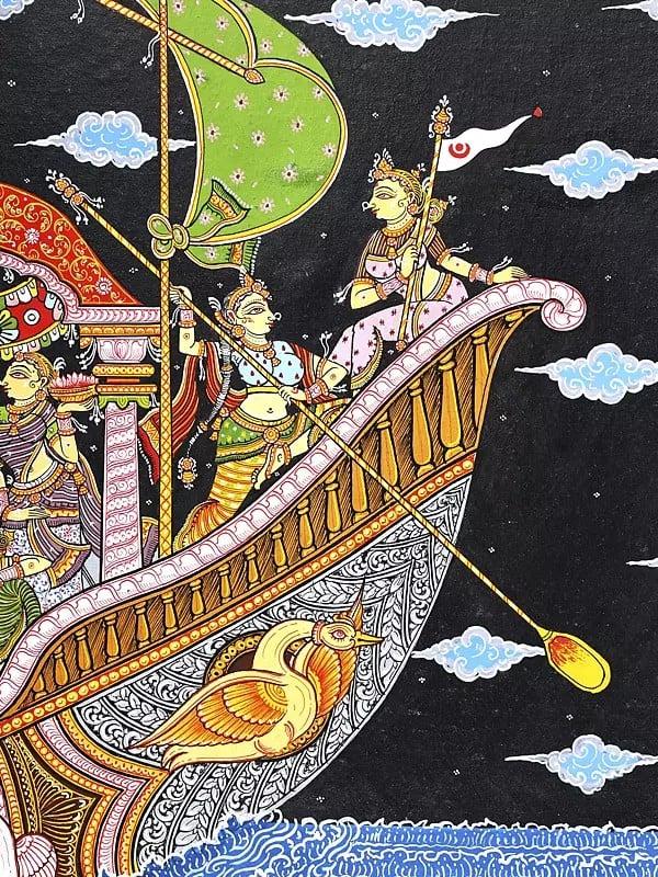 Exotic India Nauka Vihar - Radha Krishna On Boat With Gopikas | Pattachitra Painting From Odisha 