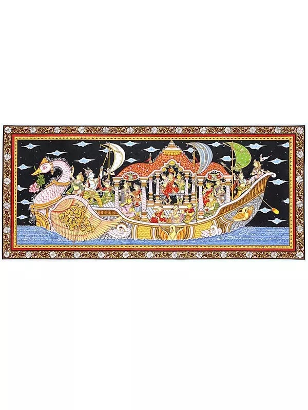 exotic india Nauka Vihar - Radha Krishna on Boat with Gopikas | Pattachitra Painting From Odisha 