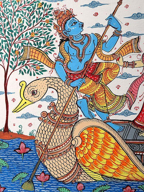 Exotic India Nauka Vihar (Shri Krishna With Gopis On Boat) | Patachitra Painting