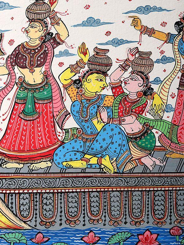 Exotic India Nauka Vihar (Shri Krishna With Gopis On Boat) | Patachitra Painting