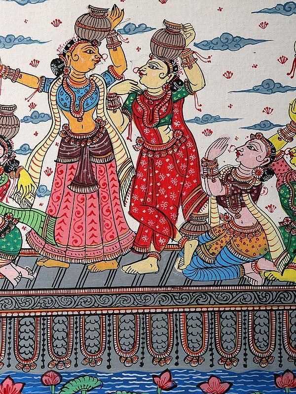 Exotic India Nauka Vihar (Shri Krishna With Gopis On Boat) | Patachitra Painting