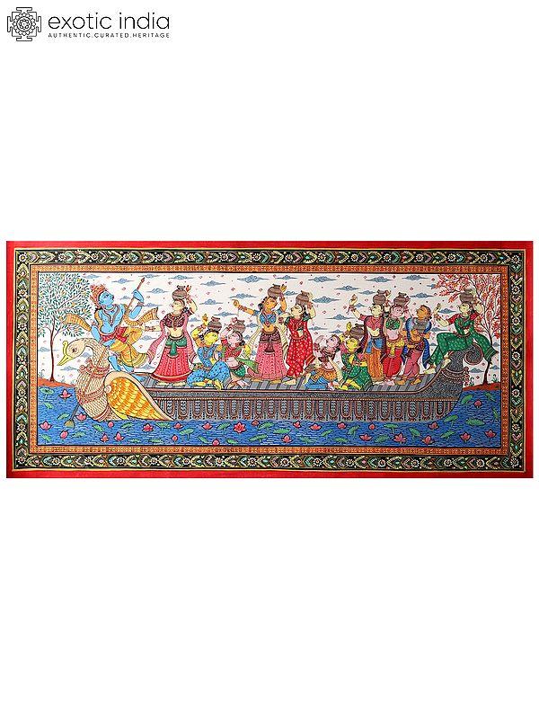 exotic india Nauka Vihar (Shri Krishna with Gopis on Boat) | Patachitra Painting 