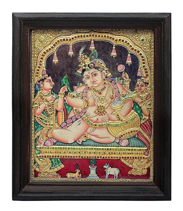exotic india Navaneeta Krishna Tanjore Painting | Traditional Colors With 24K Gold | Teakwood Frame | Gold & Wood | Handmade | Made In India 