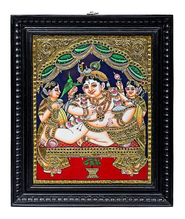 exotic india Navaneeta Krishna Tanjore Painting | Traditional Colors With 24K Gold | Teakwood Frame | Gold & Wood | Handmade | Made In India 