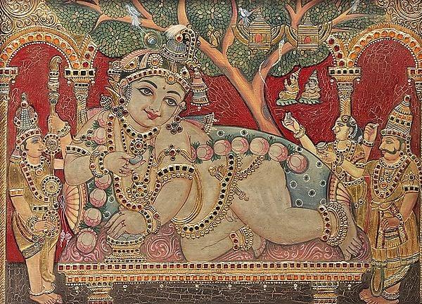 Exotic India Navaneeta Krishna Tanjore Painting | Traditional Colors With 24K Gold | Teakwood Frame | Gold & Wood | Handmade | Made In India