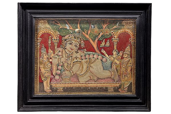 exotic india Navaneeta Krishna Tanjore Painting | Traditional Colors With 24K Gold | Teakwood Frame | Gold & Wood | Handmade | Made In India