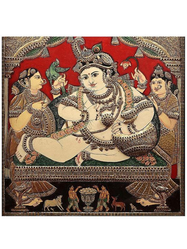 Exotic India Navaneeta Krishna Tanjore Painting With Teakwood Frame | Traditional Colors With 24K Gold | Handmade