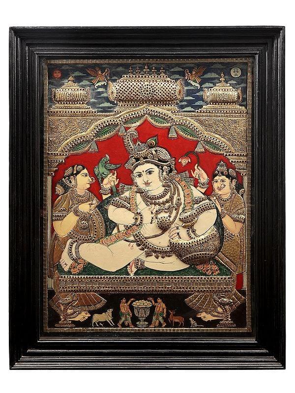 exotic india Navaneeta Krishna Tanjore Painting with Teakwood Frame | Traditional Colors With 24K Gold | Handmade