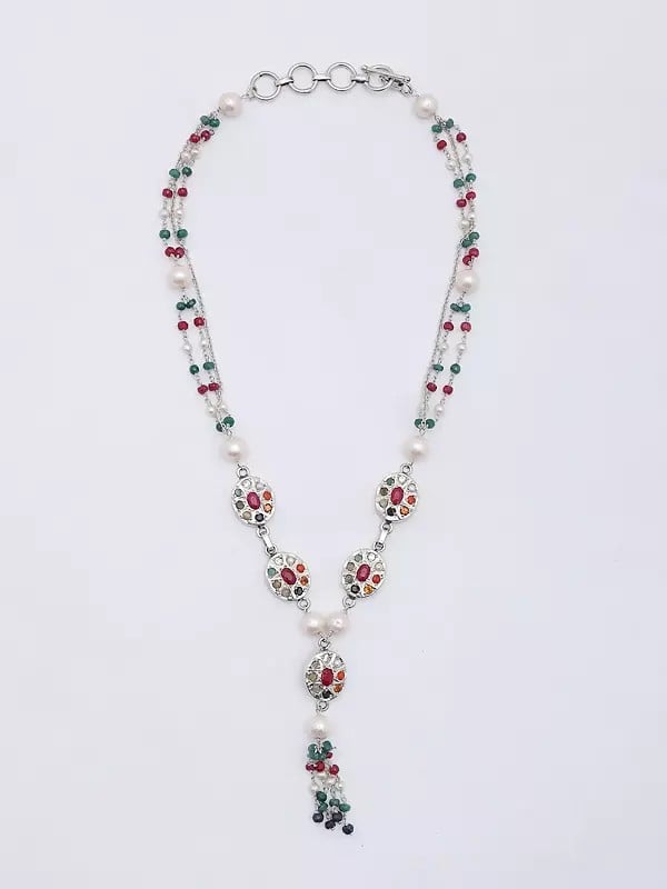 Exotic India Navaratna Long Necklace With Dangling Gemstone Beads 