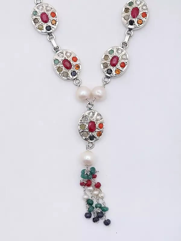 Exotic India Navaratna Long Necklace With Dangling Gemstone Beads 