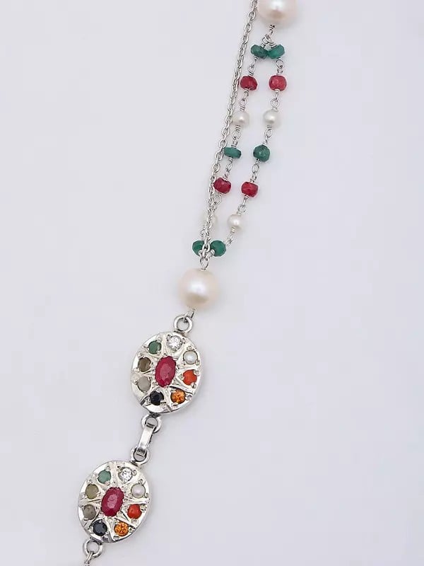 Exotic India Navaratna Long Necklace With Dangling Gemstone Beads 