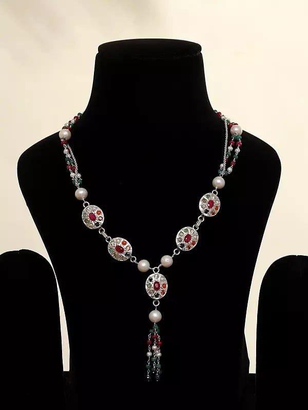 exotic india Navaratna Long Necklace with Dangling Gemstone Beads 