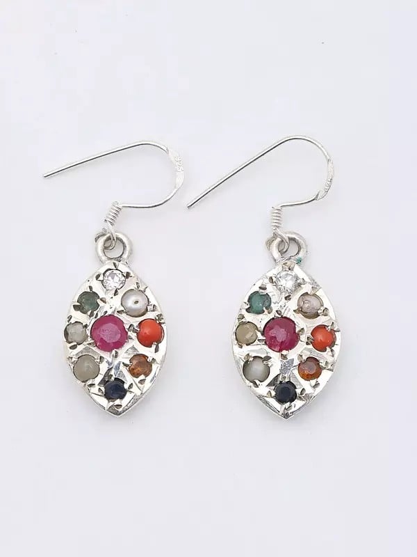 Exotic India Navaratna Marquise Shape Dangle Earrings 