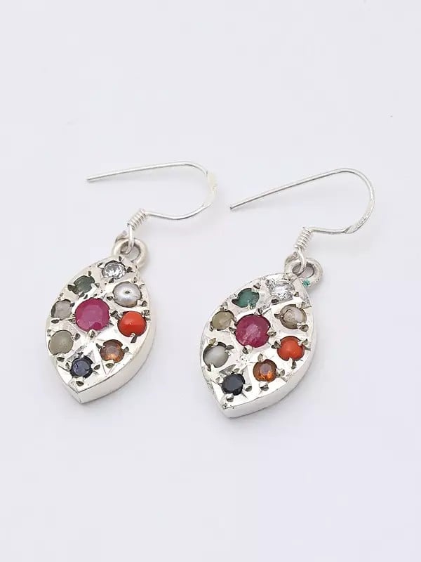 Exotic India Navaratna Marquise Shape Dangle Earrings 