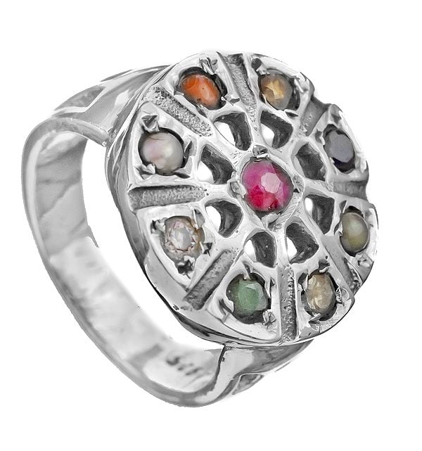 exotic india Navaratna Round-Shape Ring | Sterling Silver Jewelry 