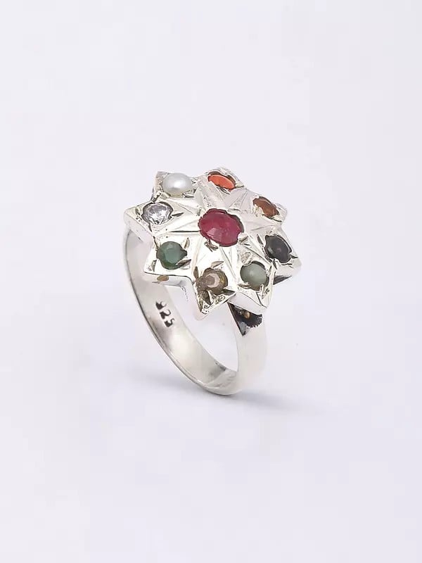 Exotic India Navaratna Star Shape Sterling Silver Ring 