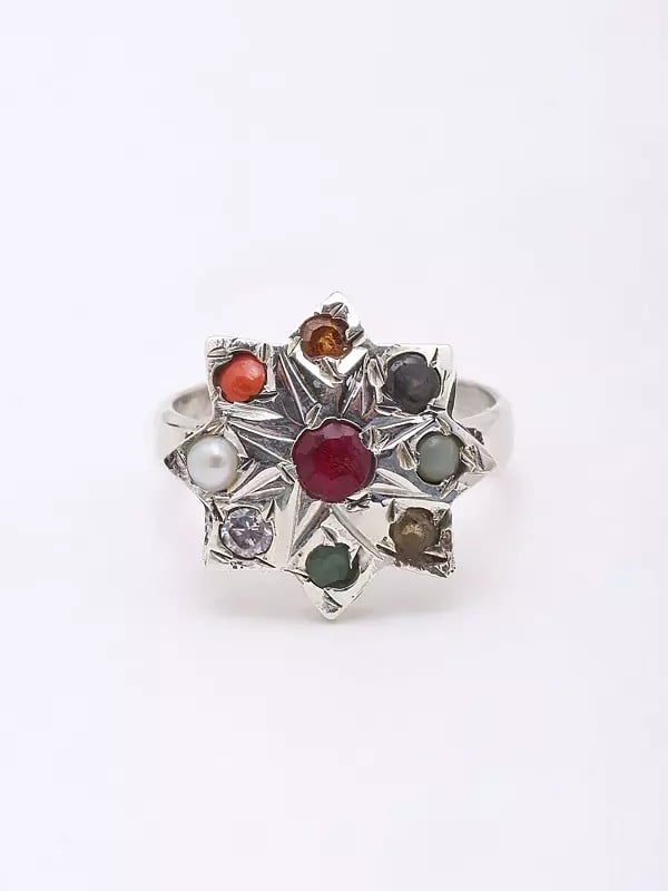 Exotic India Navaratna Star Shape Sterling Silver Ring 