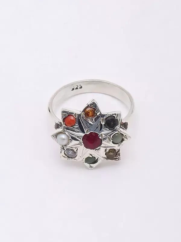 Exotic India Navaratna Star Shape Sterling Silver Ring 