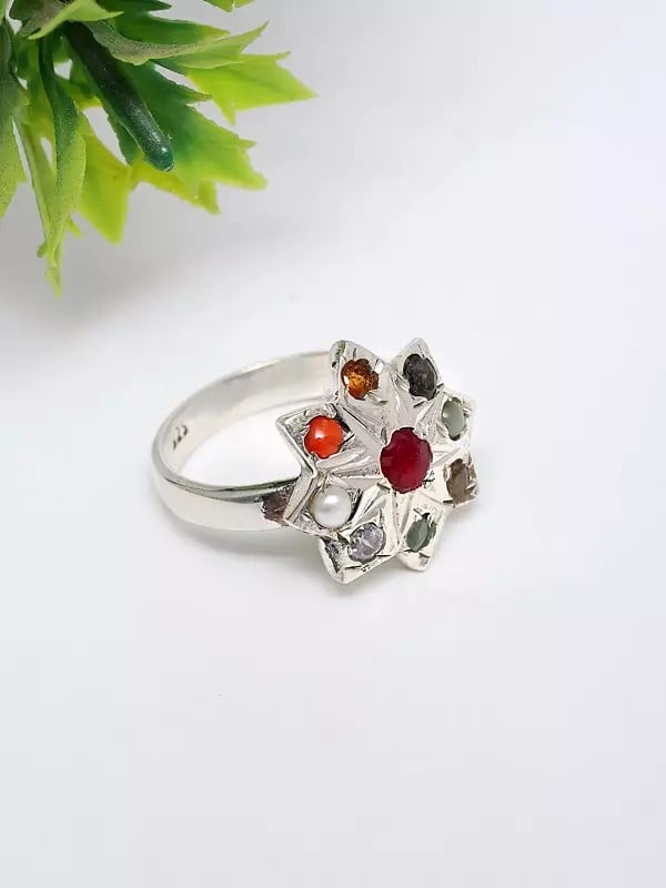 exotic india Navaratna Star Shape Sterling Silver Ring 
