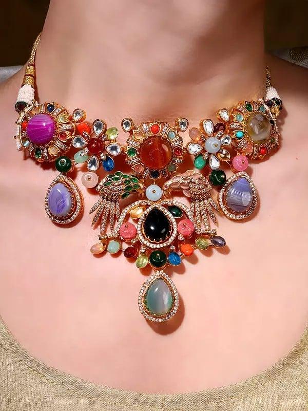 Exotic India Navratna Necklace And Earrings Set With Real Gemstone 