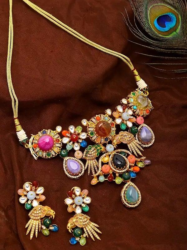 Exotic India Navratna Necklace And Earrings Set With Real Gemstone 