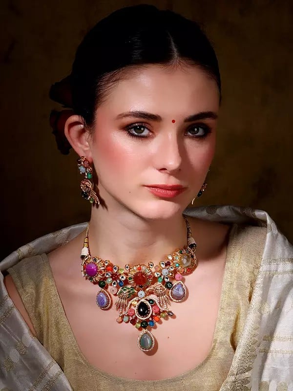 exotic india Navratna Necklace and Earrings Set with Real Gemstone