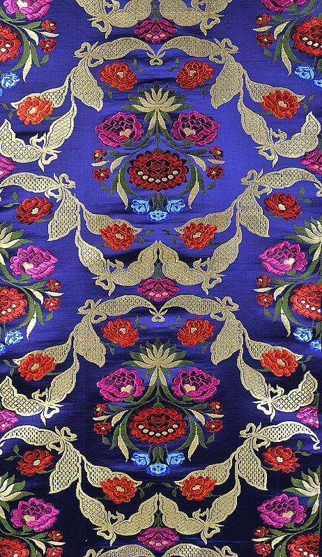 exotic india Navy-Blue Brocade Fabric with Woven Flowers and Leaves 