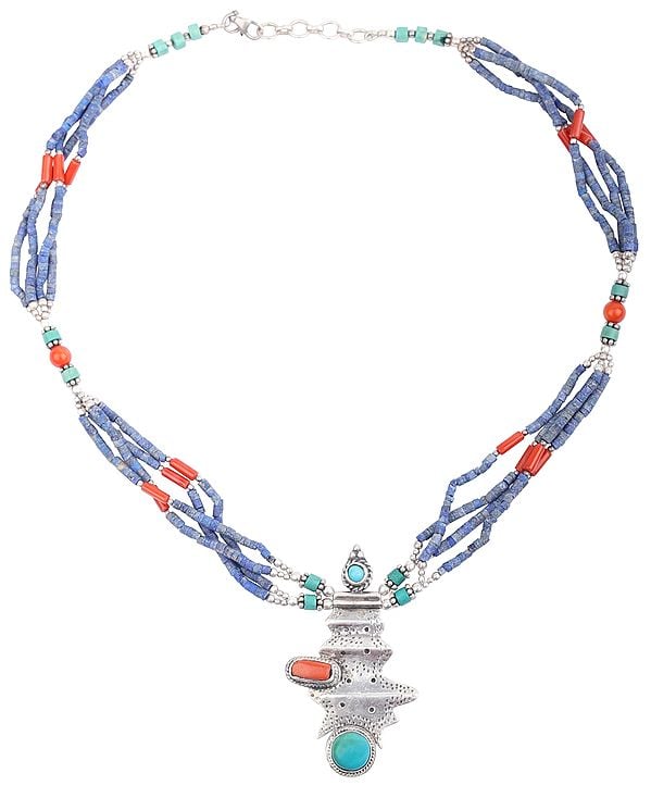 exotic india Necklace Studded By Turquoise Coral With Lapis Lazuli Coral and Turquoise Thread 