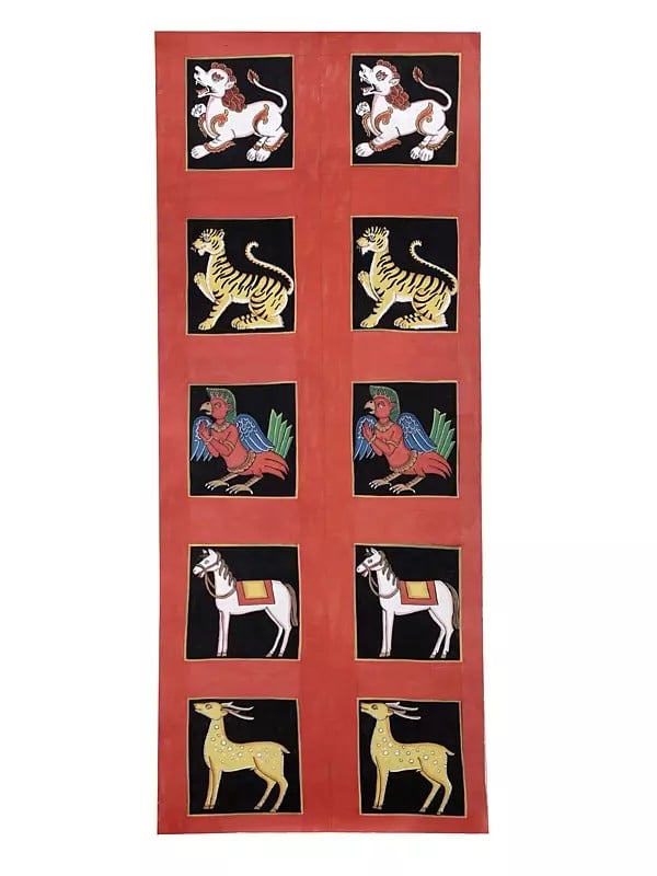 exotic india Nepali Show Lion with Tiger Horse Bird and Deer Thangka (Brocadeless Thangka) 