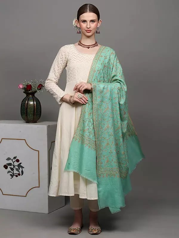 Exotic India Neptune-Green Pure Pashmina Shawl With Kalka Floral Jaaldar Sozni Embroidery On All-over 