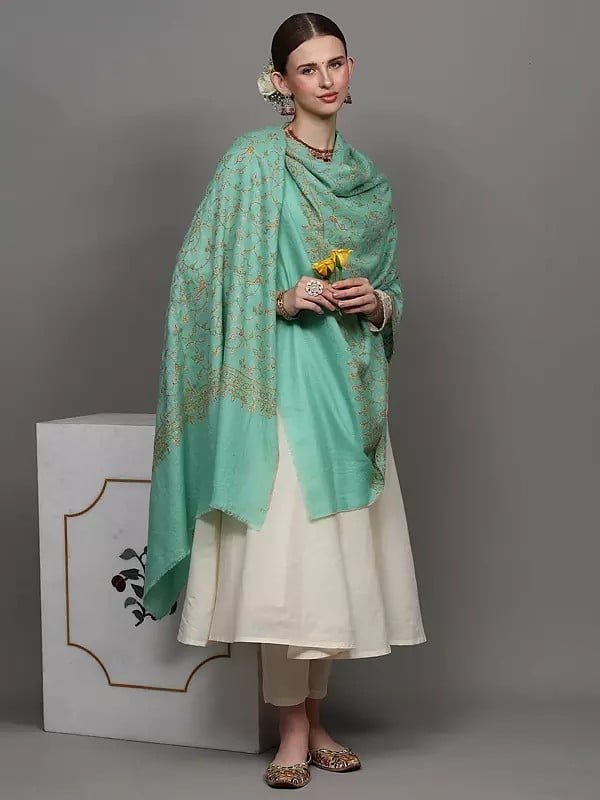 Exotic India Neptune-Green Pure Pashmina Shawl With Kalka Floral Jaaldar Sozni Embroidery On All-over 