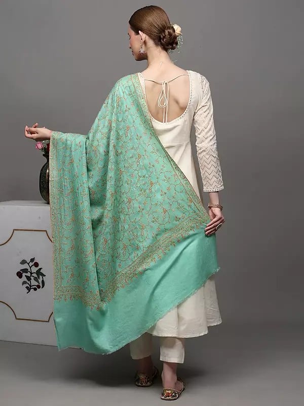 Exotic India Neptune-Green Pure Pashmina Shawl With Kalka Floral Jaaldar Sozni Embroidery On All-over 