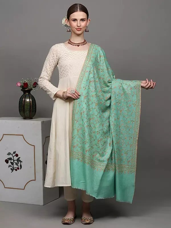 exotic india Neptune-Green Pure Pashmina Shawl with Kalka Floral Jaaldar Sozni Embroidery on All-over 