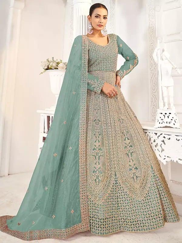 Exotic India Net All Over Heavy Embroidery Work Elegant Wedding Wear Long Gown With Dupatta