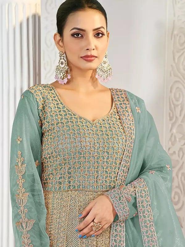Exotic India Net All Over Heavy Embroidery Work Elegant Wedding Wear Long Gown With Dupatta