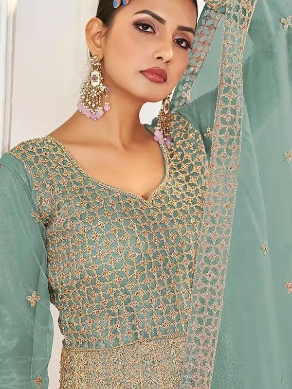 Exotic India Net All Over Heavy Embroidery Work Elegant Wedding Wear Long Gown With Dupatta