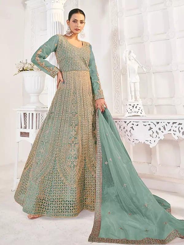 exotic india Net All Over Heavy Embroidery Work Elegant Wedding Wear Long Gown With Dupatta 