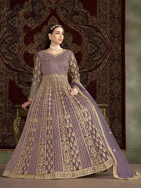 Exotic India Net Heavy Sequins And Embroidery Work Attractive Wedding Wear Gown With Dupatta