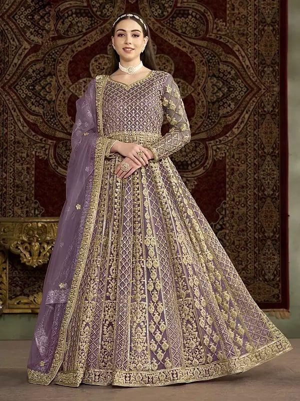 exotic india Net Heavy Sequins And Embroidery Work Attractive Wedding Wear Gown With Dupatta 