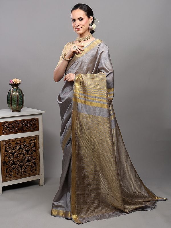 Exotic India Neutral-Gray Tussar Silk Saree With Temple Border With Golden Thread Woven Stripes On Anchal 